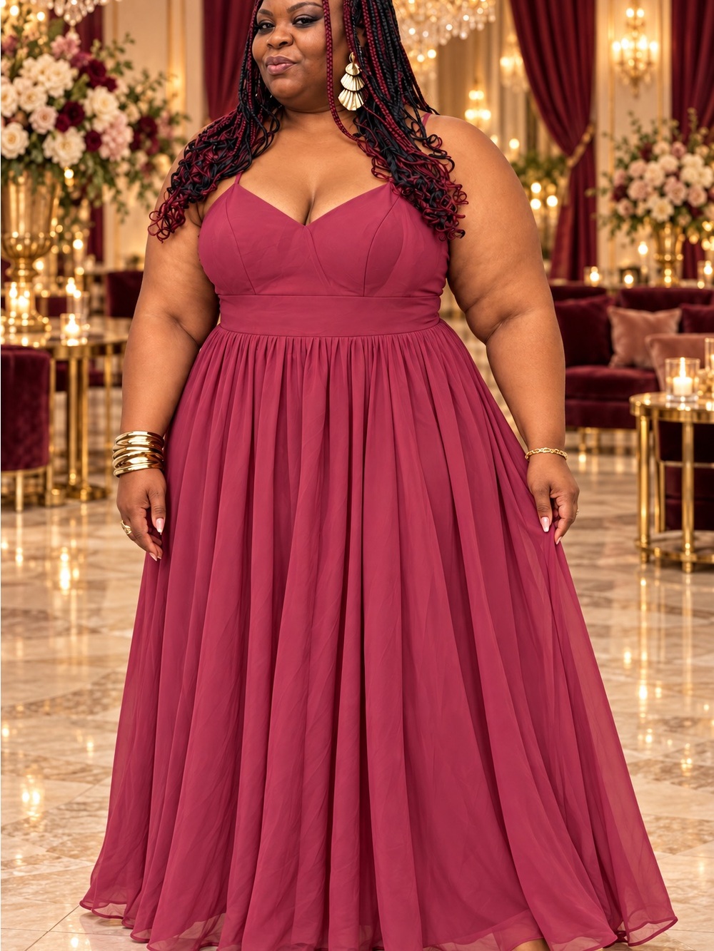 Plus-Size Wine Chiffon Maxi Dress with Spaghetti Straps